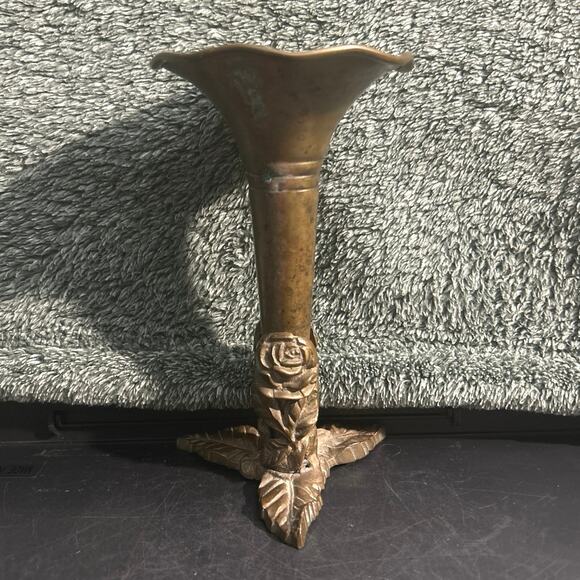 2pc Ornate Brass Sprouted Floral Bud Vase Victorian Trumpet Flower - Picture 1 of 10